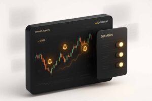 AI-powered crypto trading dashboard showing smart alert setup options with glowing golden toggles – Forvest
