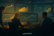 Team of crypto analysts optimizing a backtest on multi-screen dashboards—timeline, stitched equity curve, and parameter heatmap under a magnifier.