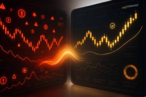 Crypto dashboard split view showing chaotic red alerts versus golden smart signals – AI-powered risk control by Forvest.