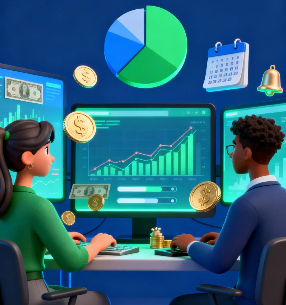 Dynamic crypto portfolio management hero illustration, young investors tracking charts and coins, pie allocation, calendar and alert icons, highlighting discipline and strategy for volatile markets