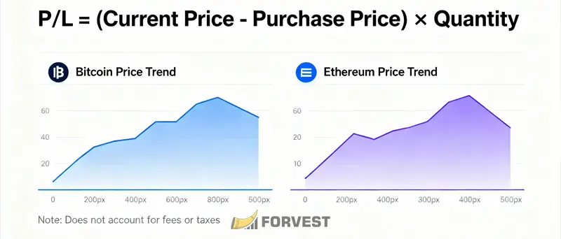 Conceptual image showing crypto profit calculation formula, P/L equation, Bitcoin and Ethereum icons, and portfolio management elements with wide space above and below for cropping