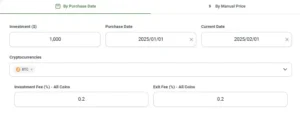 Step 1 of using the Forvest crypto profit calculator: BTC example with $1000 investment, date inputs, and trading fees (2025)