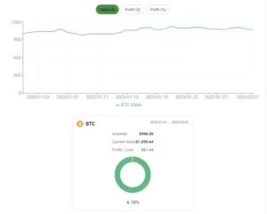 Step 2 of the Forvest crypto profit calculator: BTC profit results including ROI, portfolio value, and performance chart based on the inputs shown in the previous image (2025)