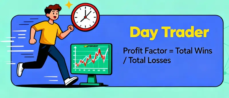 Day Trader illustration showing a chart, clock, and profit factor formula for active crypto trading with fast reactions