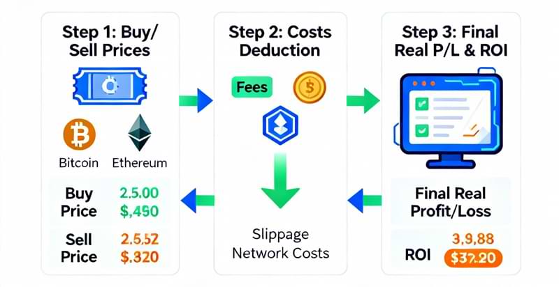 Real P/L calculation formula showing Bitcoin trade example: 0.20 BTC bought at $40,000 and sold at $45,000, with $34 in total costs (fees, spread, network) resulting in $966 real profit and 12% ROI instead of paper profit $1,000