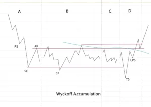 Wyckoff accumulation phases showing Phase A selling climax, Phase B range building, Phase C spring, and Phase D markup with volume behavior
