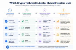 Crypto technical indicator selection framework showing how investors choose RSI, MACD, moving averages, ATR, Bollinger Bands, and volume indicators based on market questions, trends, momentum, volatility, and participation