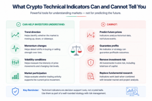 Crypto technical indicators infographic showing what indicators can and cannot tell investors, including trend direction, momentum changes, volatility conditions, market participation, and limitations of price prediction