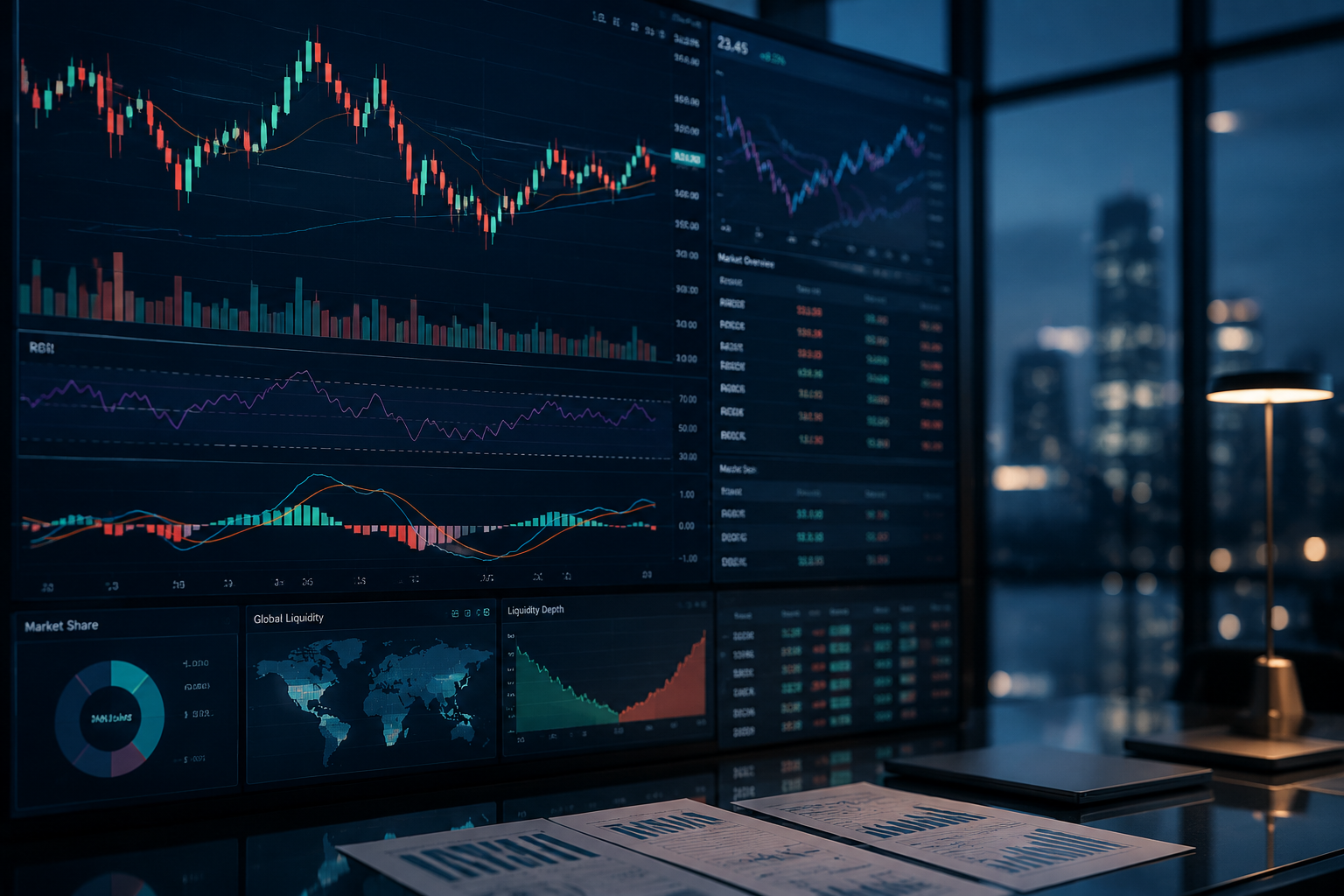 Crypto technical indicators dashboard showing market analysis charts, RSI, MACD, volatility data, and trend analysis for understanding cryptocurrency market conditions