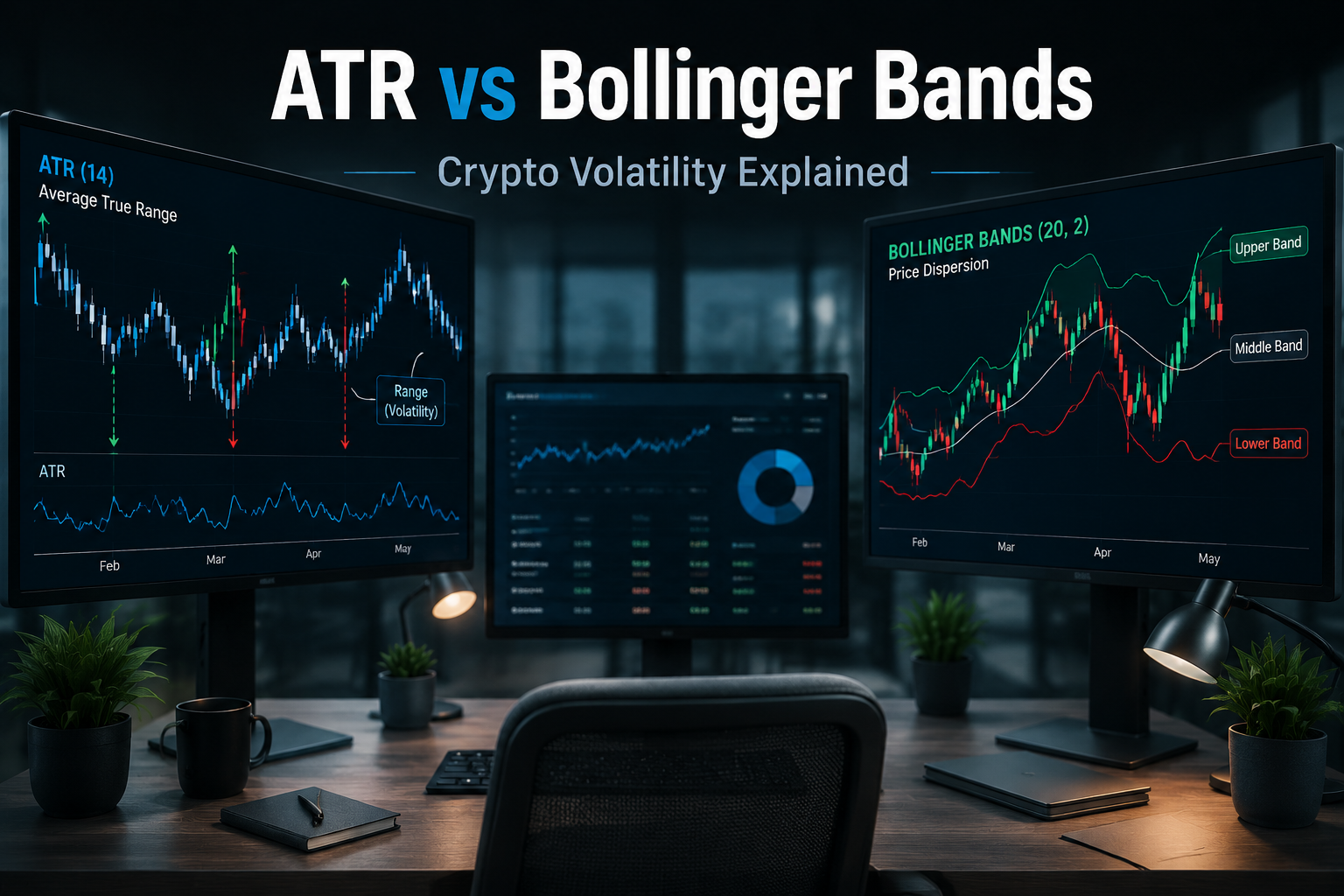 ATR vs Bollinger Bands comparison showing crypto volatility measurement differences