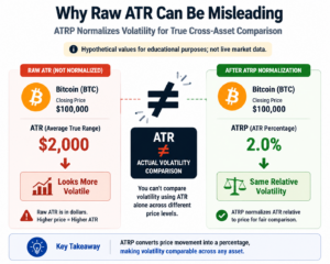 ATR vs ATRP comparison showing why raw ATR values can misrepresent crypto volatility across different price levels