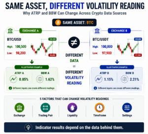 Same BTC asset showing different ATRP and BBW volatility readings across crypto exchanges due to differences in data sources, trading pairs, liquidity, timeframe, and settings