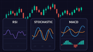 RSI, Stochastic, and MACD indicators displaying numerical signals without market structure context