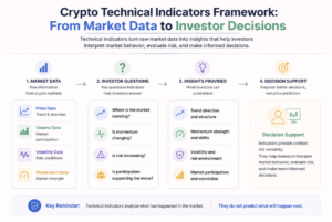 Crypto technical indicators framework showing how price data, volume data, volatility data, and momentum analysis help investors understand market conditions and make informed decisions