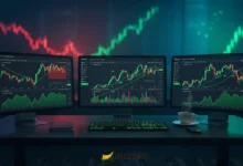 Three monitors displaying RSI, MACD, and Moving Average crypto technical indicators
