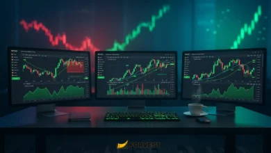 Three monitors displaying RSI, MACD, and Moving Average crypto technical indicators