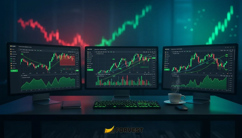 Three monitors displaying RSI, MACD, and Moving Average crypto technical indicators