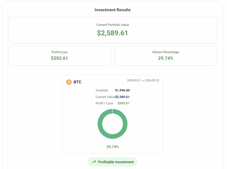 Crypto profit calculator results showing current portfolio value, profit loss, and return percentage for BTC example