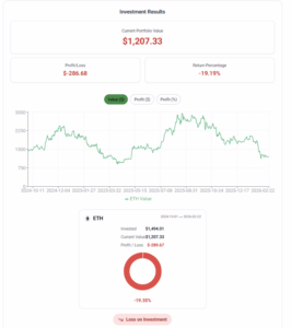 Crypto profit calculator results showing current portfolio value, net profit/loss, return percentage, and ETH performance chart with fees included