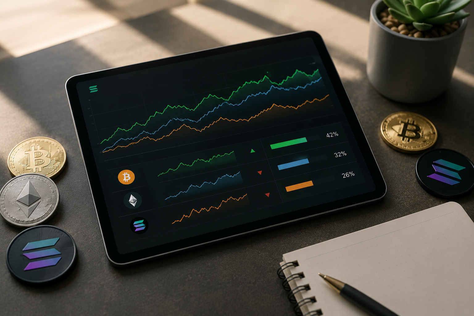 crypto portfolio calculation across multiple assets showing performance trends bitcoin ethereum solana allocation and market behavior