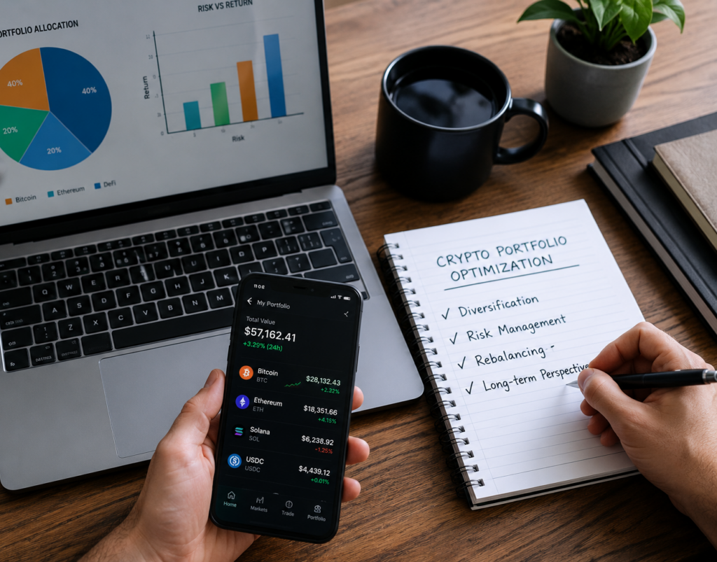 crypto portfolio optimization process showing asset allocation analysis risk management and performance tracking in a real investment environment