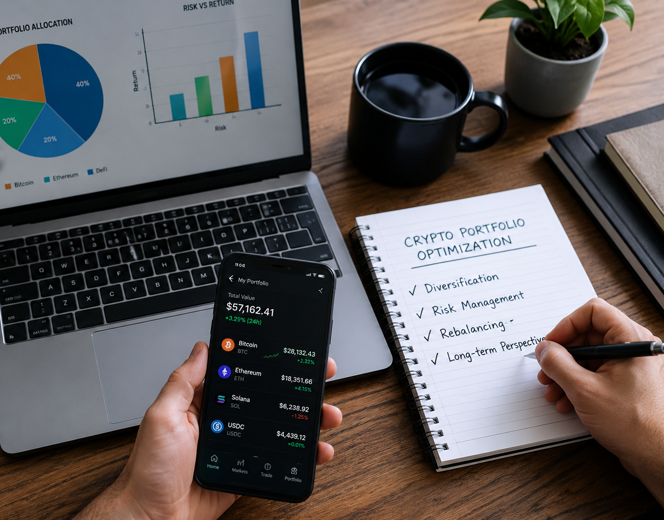 crypto portfolio optimization process showing asset allocation analysis risk management and performance tracking in a real investment environment
