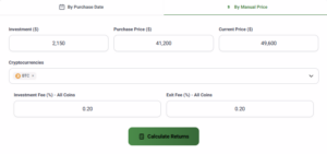 crypto ROI calculator input example showing bitcoin investment amount, purchase price, current price, and trading fees
