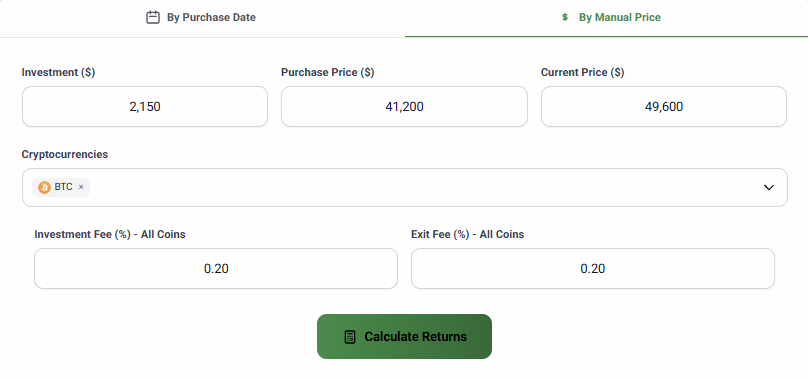 Forvest crypto ROI calculator inputs for investment purchase price current price and fees