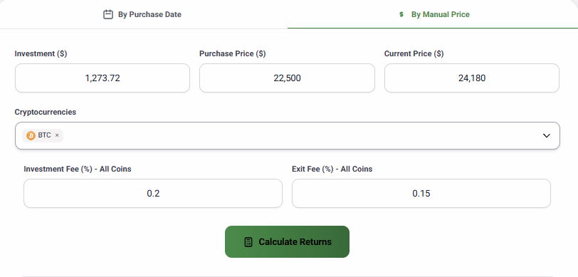 Forvest crypto profit calculator inputs for purchase price investment and fees