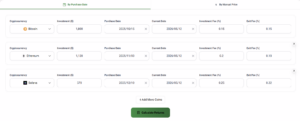 crypto portfolio calculator input example with Bitcoin Ethereum Solana showing investment amount purchase date and trading fees for multi asset tracking