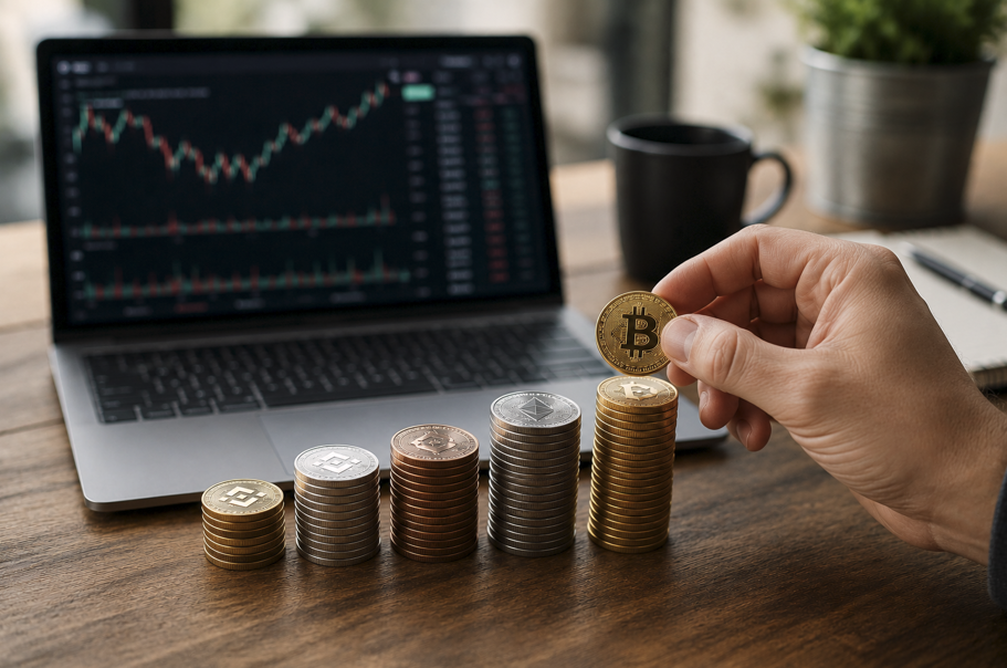 real crypto portfolio allocation example with stacked coins showing investment distribution growth and asset performance across multiple cryptocurrencies