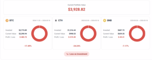 crypto portfolio imbalance example showing profit loss and allocation distribution across bitcoin ethereum and bnb highlighting need for rebalancing strategy