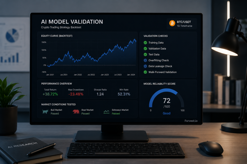 Machine learning backtesting dashboard showing AI trading model validation, overfitting checks, data leakage detection, walk-forward validation, and cryptocurrency market testing results.