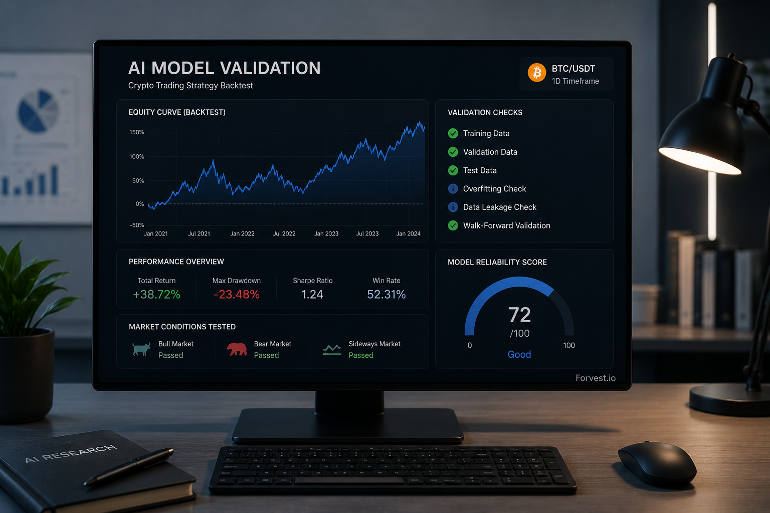 Machine learning backtesting dashboard showing AI trading model validation, overfitting checks, data leakage detection, walk-forward validation, and cryptocurrency market testing results.