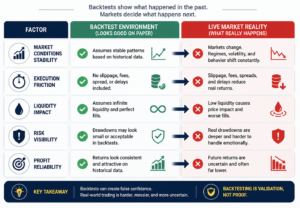 Comparison of AI trading backtest assumptions versus real market conditions showing differences in execution friction, liquidity, risk visibility, and profit reliability in machine learning backtesting.