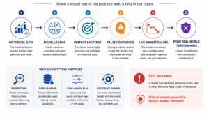 Infographic showing how AI trading models become overfit through historical data learning, perfect backtest results, false confidence, and eventual failure in live cryptocurrency markets.