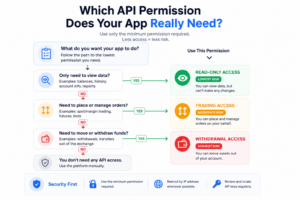 Decision tree showing how crypto investors choose the appropriate exchange API permission based on read-only, trading, or withdrawal access requirements.