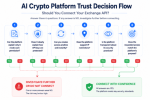 Security decision flow showing how investors evaluate an AI crypto platform before connecting an exchange API based on permissions, protection, access control, and transparency.