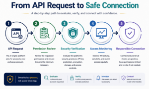 A process infographic showing how investors evaluate an AI crypto platform API connection through permission review, security verification, access monitoring, and responsible exchange API usage.