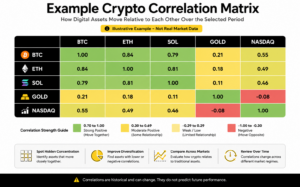 Illustrative crypto correlation matrix showing historical correlations between Bitcoin, Ethereum, Solana, Gold, and Nasdaq for educational purposes.