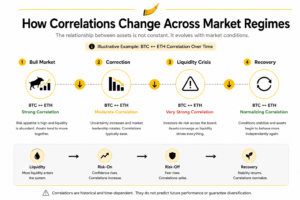 Illustrative crypto correlation timeline showing how BTC and ETH correlation changes across bull markets, corrections, liquidity crises, and recovery phases, highlighting the impact of changing market regimes on portfolio diversification.