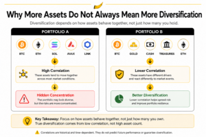 Illustrative comparison of two crypto portfolios showing how high asset correlation can create hidden concentration risk, while lower correlation improves portfolio diversification across different asset classes.