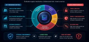 Tokenomics and supply risk framework showing circulating supply, FDV, vesting schedule, token unlocks, supply concentration, and dilution risk in crypto projects.