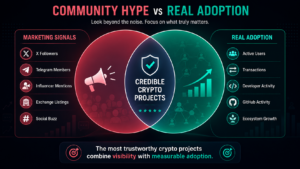 Community hype vs real adoption infographic comparing marketing signals such as X followers, Telegram members, influencer mentions, and exchange listings with real adoption metrics including active users, transactions, developer activity, GitHub activity, and ecosystem growth in crypto projects.