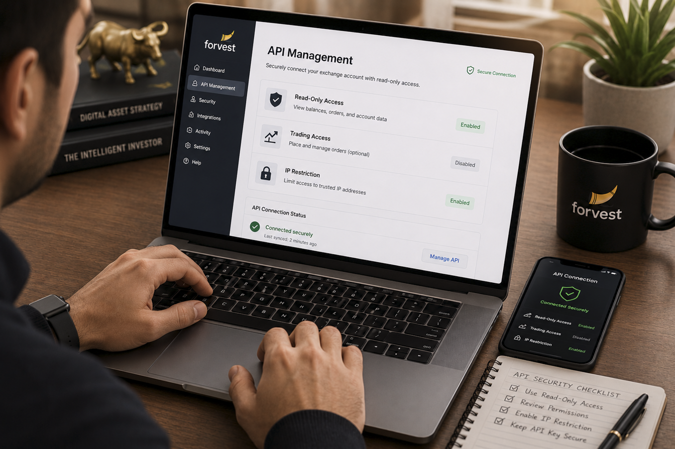Professional investor reviewing exchange API security settings before connecting an AI crypto platform