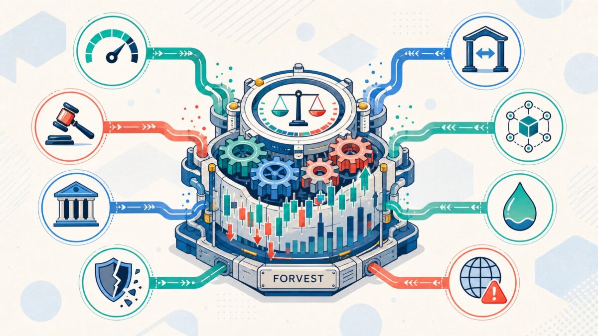 Eight news catalysts feeding into a crypto market mechanism with rising and falling prices