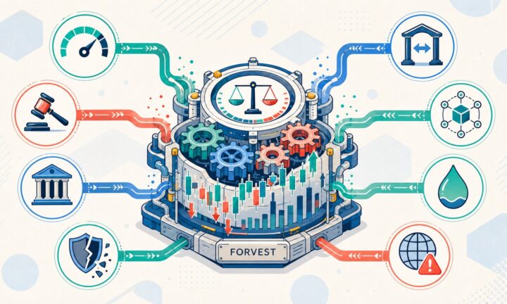 Eight news catalysts feeding into a crypto market mechanism with rising and falling prices