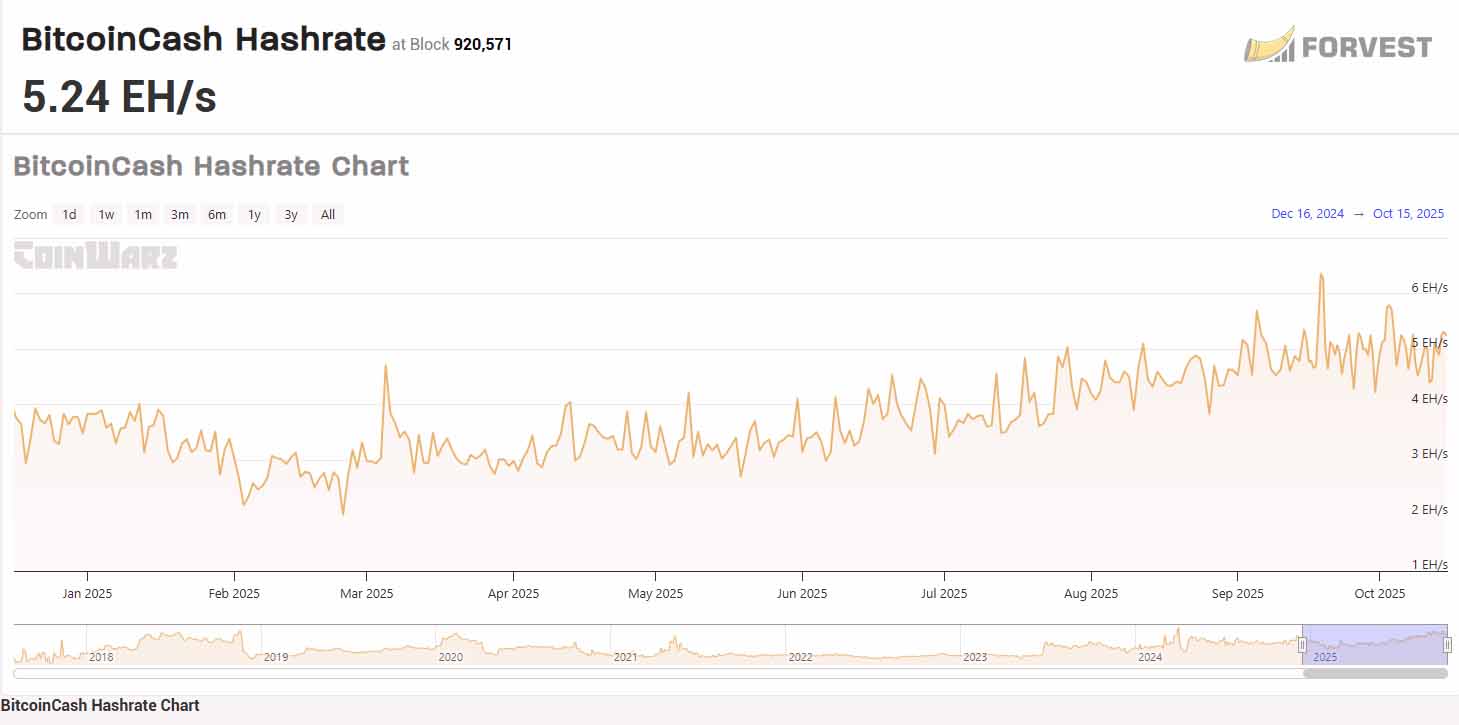Bitcoin Cash (BCH) hashrate trend showing fluctuations and growth from December 2024 to October 2025, peaking at 5.24 EH/s.