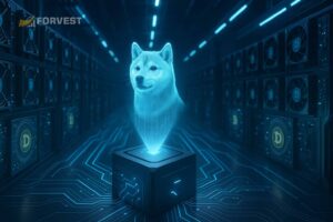 Dogecoin catalysts 2025 with mining technology and digital network hologram