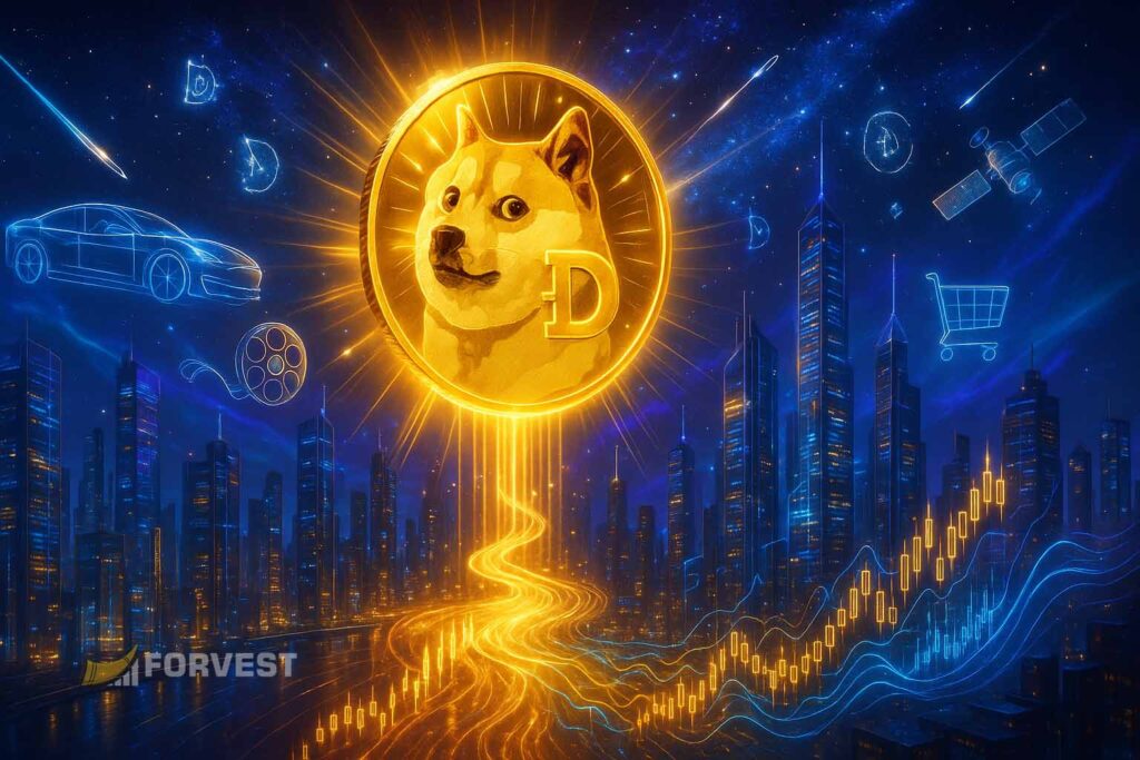 Dogecoin ecosystem growth 2025 with technology and financial charts